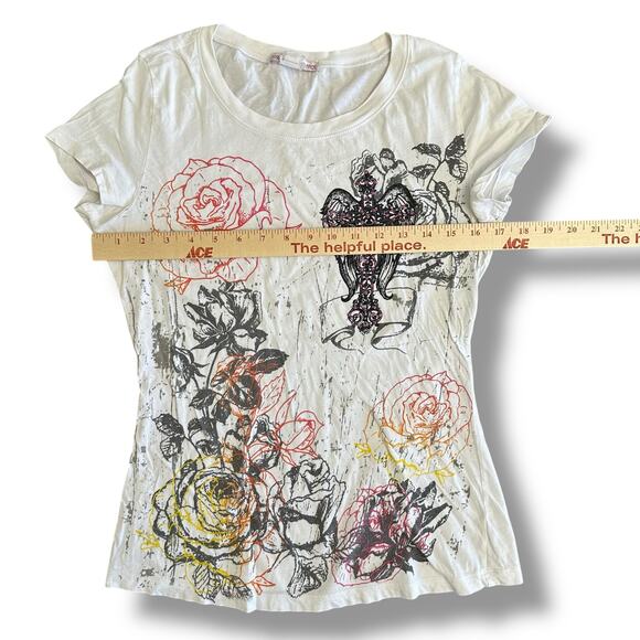 Y2K Graphic Rose Cross Tee Appropriate Behavior White Distressed Glitter S/M - Picture 3 of 8